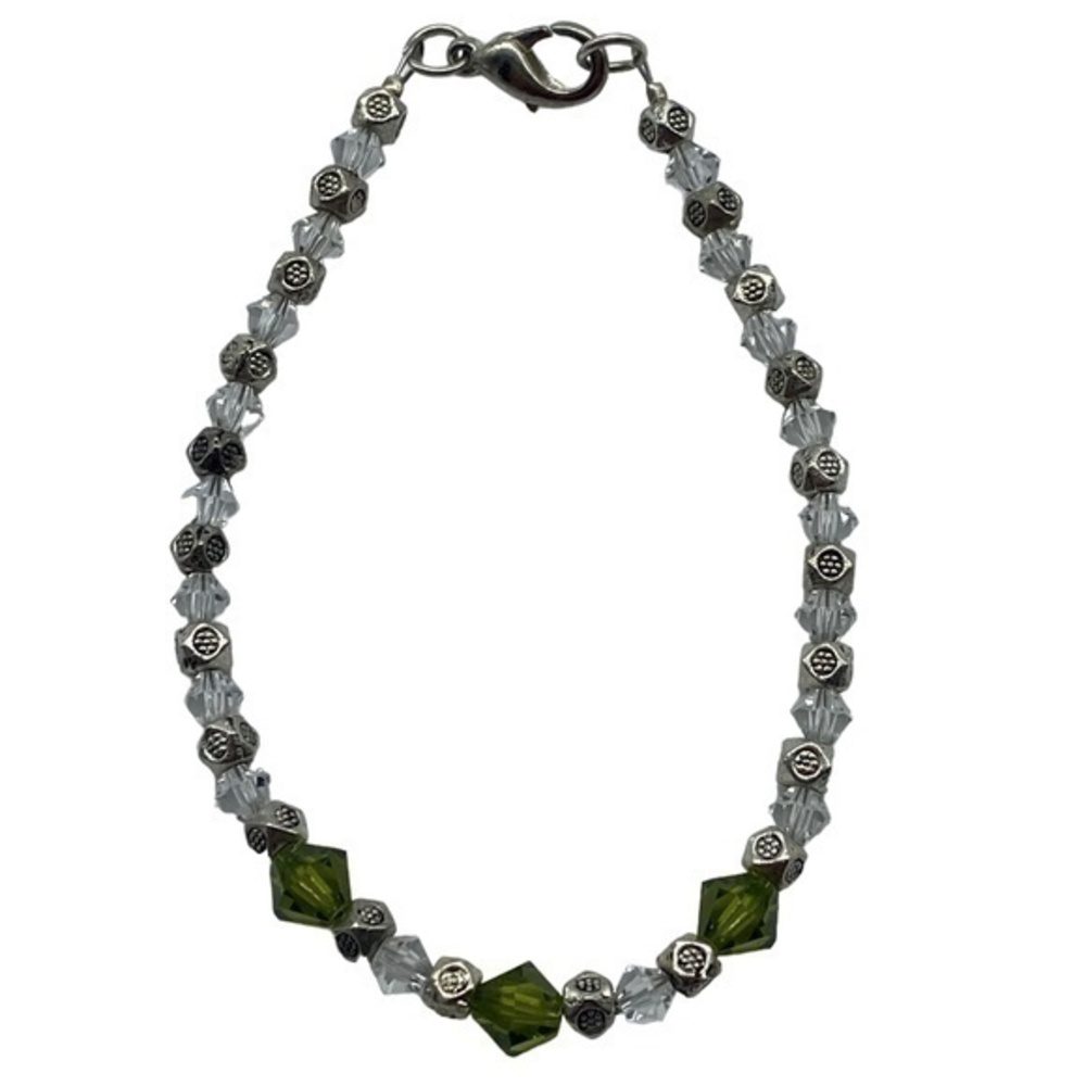 Swarovski Crystal Moss Green and Clear Bead Handmade Bracelet With Lobster Clasp